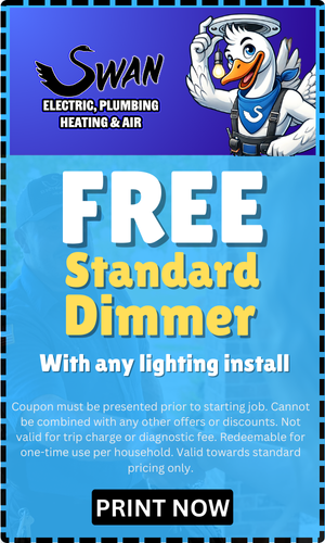 Swan electric plumbing heating and air is offering a free standard dimmer with any lighting install.