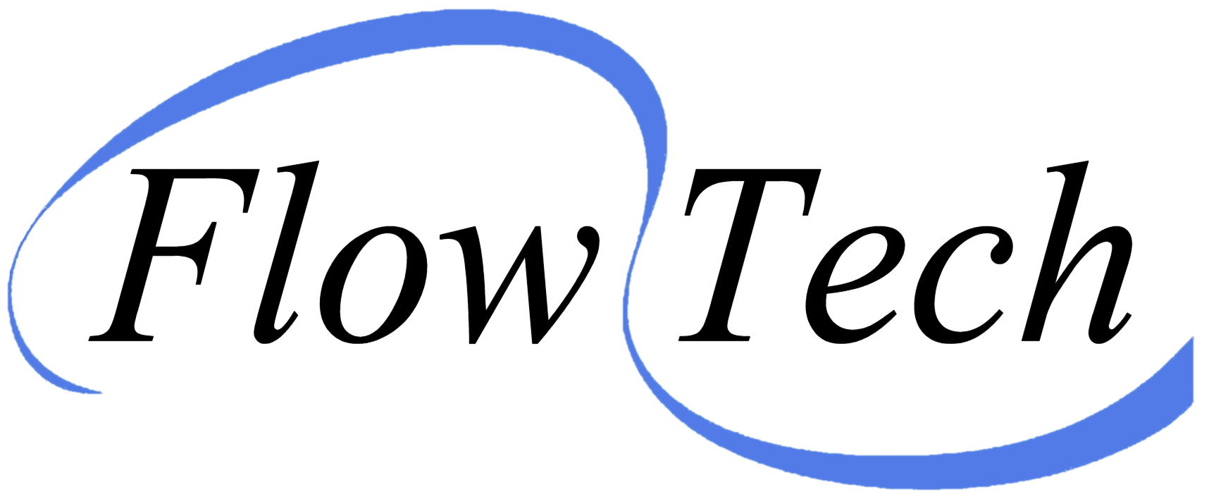 The flow tech logo is blue and white with a blue circle around it.