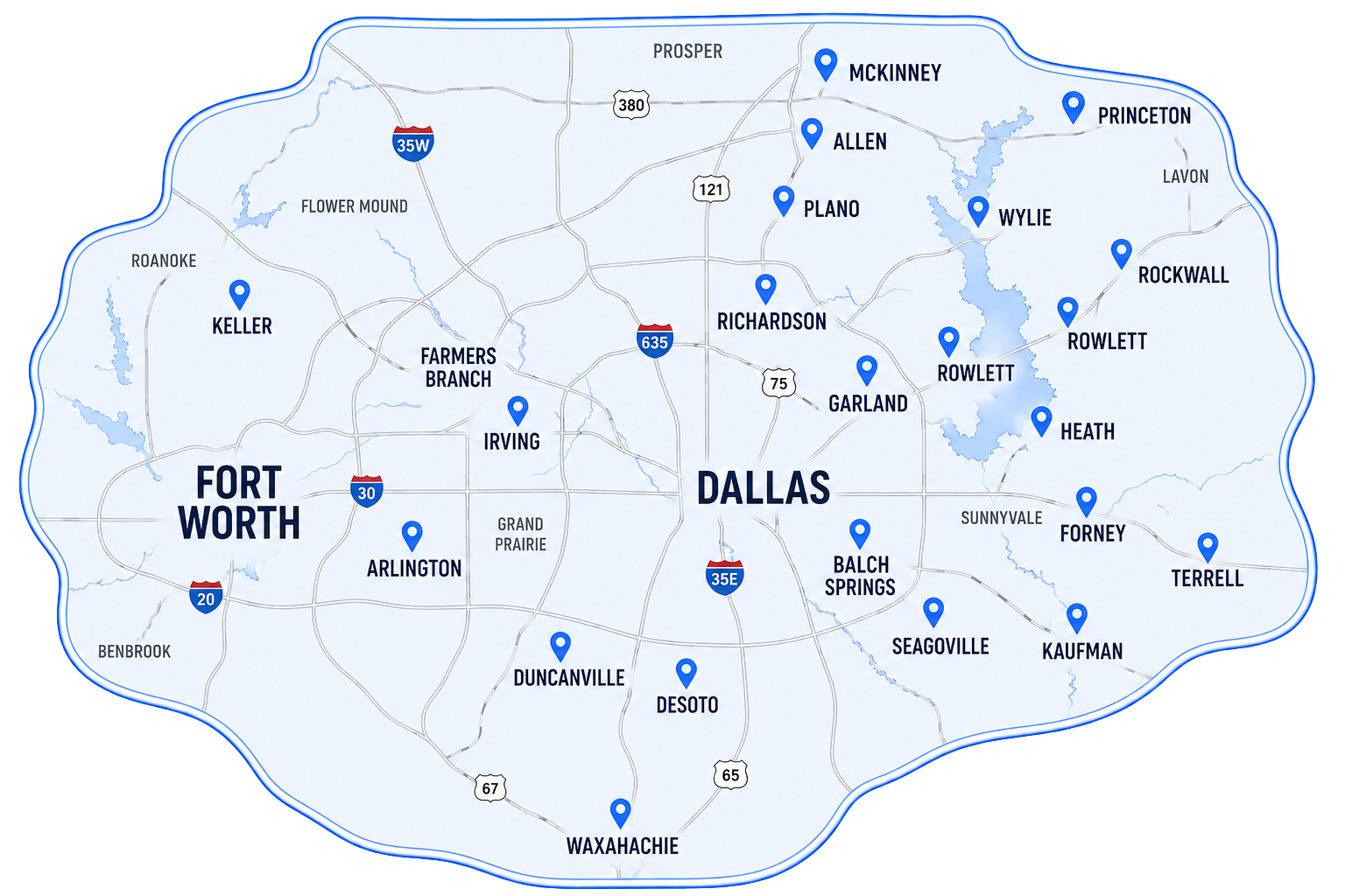 A map of texas with a lot of blue dots on it