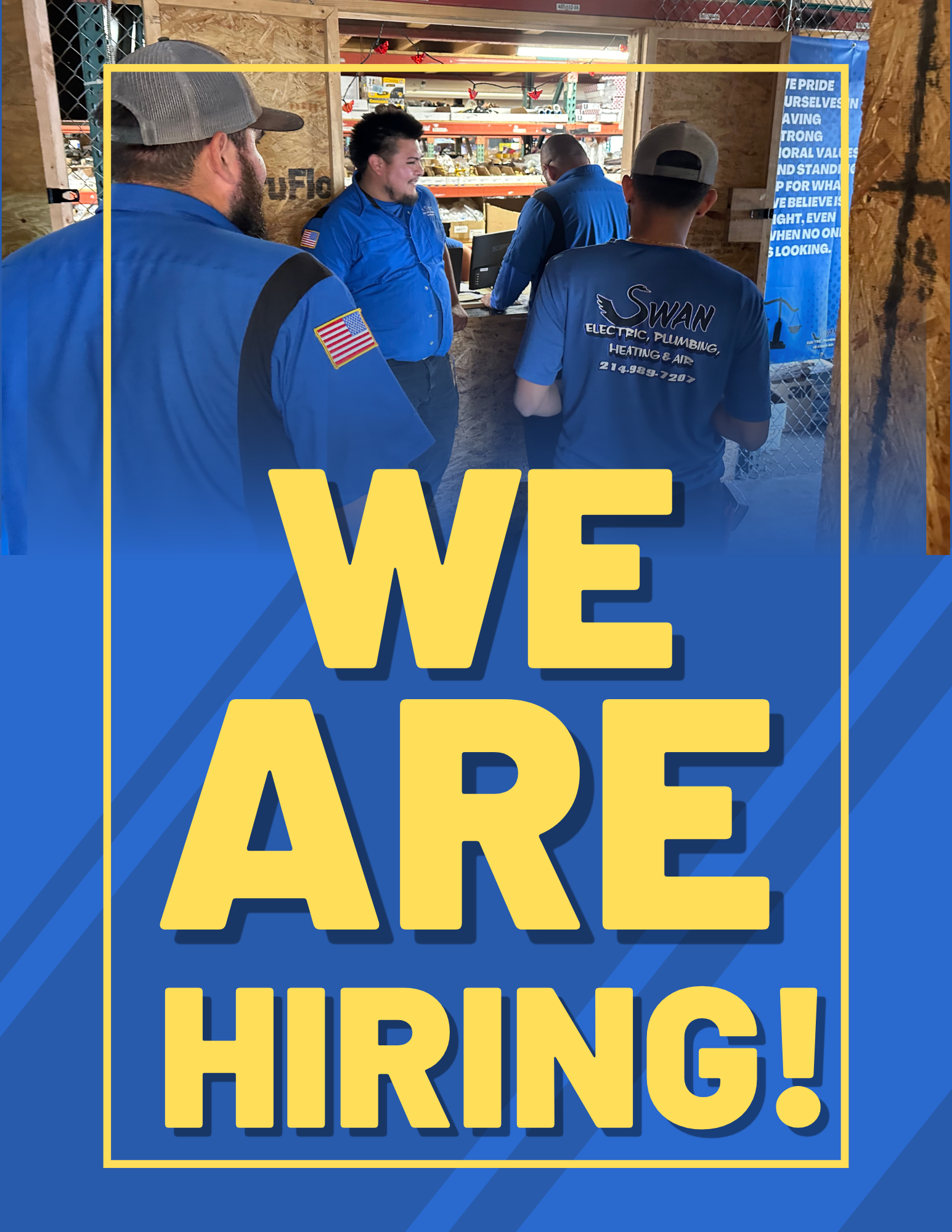 A blue poster that says `` we are hiring ''