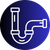 A plumbing pipe icon in a circle on a blue background.