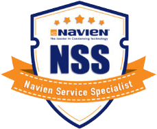 The logo for navien service specialist is a shield with a ribbon around it.