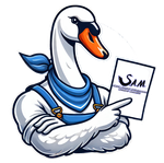 A cartoon swan is holding a piece of paper and pointing at it.