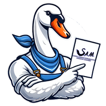 A cartoon swan is holding a piece of paper and pointing at it.