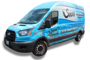 A blue van with the word swan on it