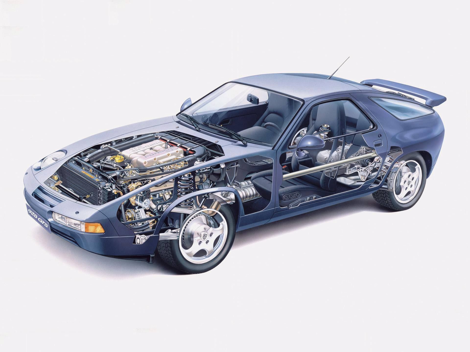 Cutaway view of a blue Porsche 928 sports car, revealing engine and interior components.
