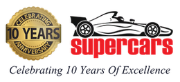Logo: Gold seal "Celebrating 10 Years Anniversary" and "supercars" with race car, "Celebrating 10 Years Of Excellence".