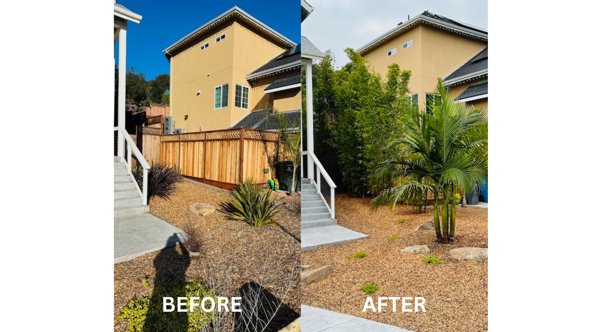 There is a before and after picture of a house.