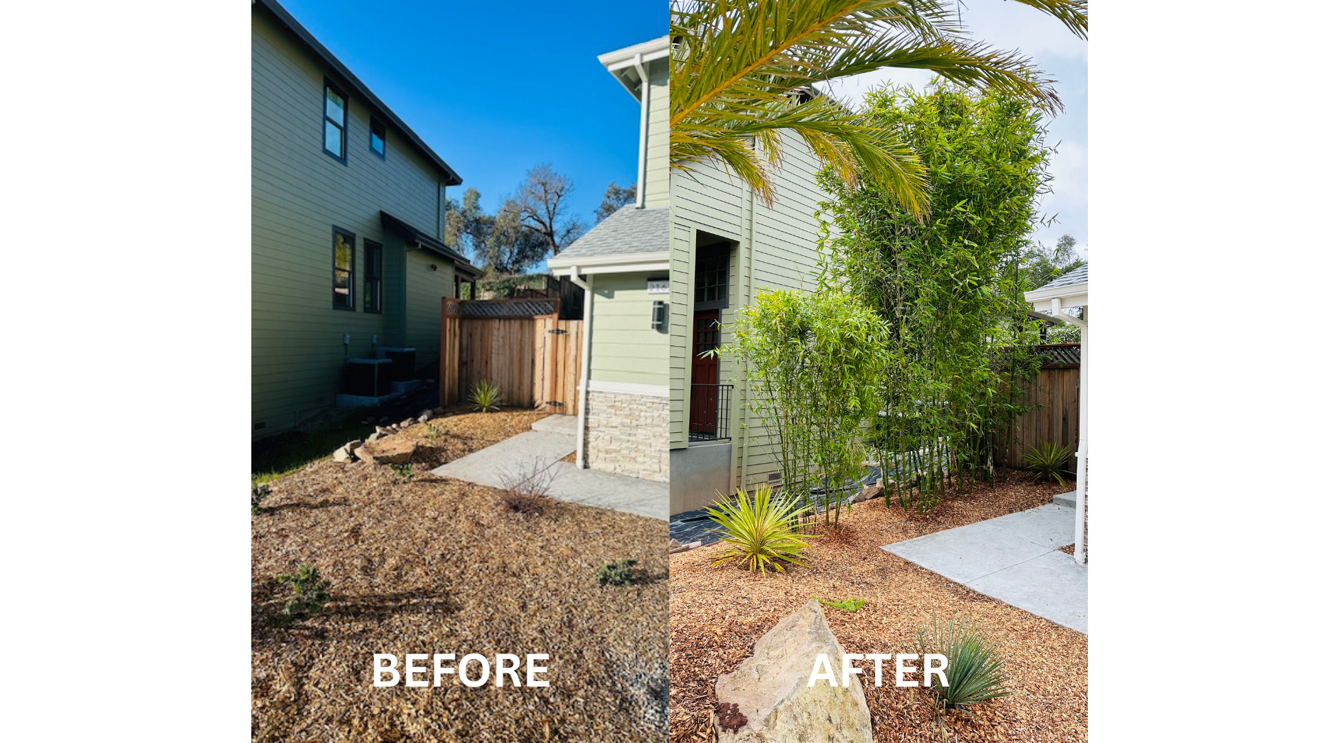There is a before and after picture of a house.