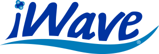 A blue and white logo for iwave on a white background