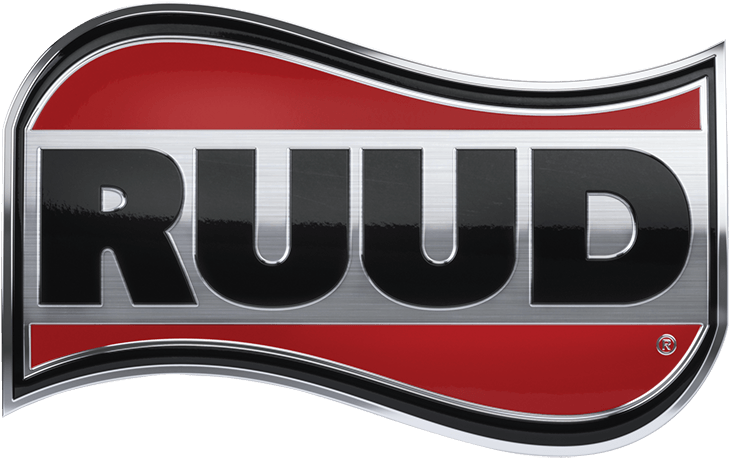 A red , black and silver logo for a company called ruud