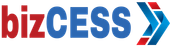 A blue and red logo for bizcess with an arrow pointing to the right