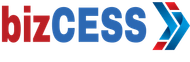 A blue and red logo for bizcess with an arrow pointing to the right