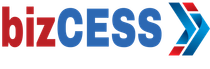 A blue and red logo for bizcess with an arrow pointing to the right