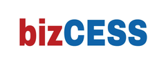 A blue and red logo for bizcess with an arrow pointing to the right