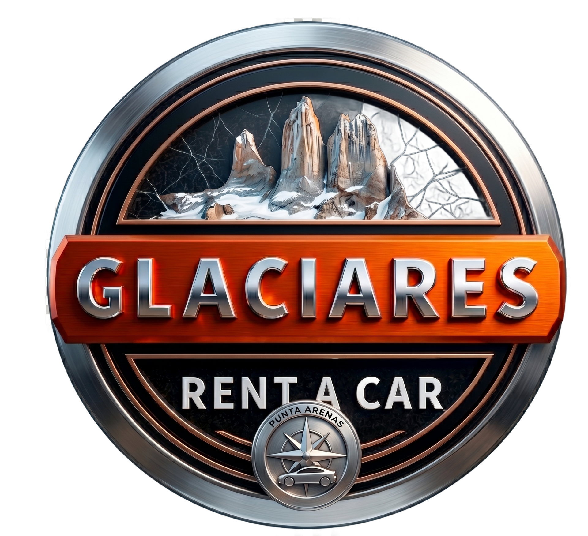 Logotipo: Montañas naranjas sobre un letrero naranja y negro que dice 