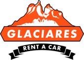 Logotipo para Glaciares Rent a Car: montañas naranjas sobre el texto naranja "GLACIARES" y una cinta negra con la frase "RENT A CAR".