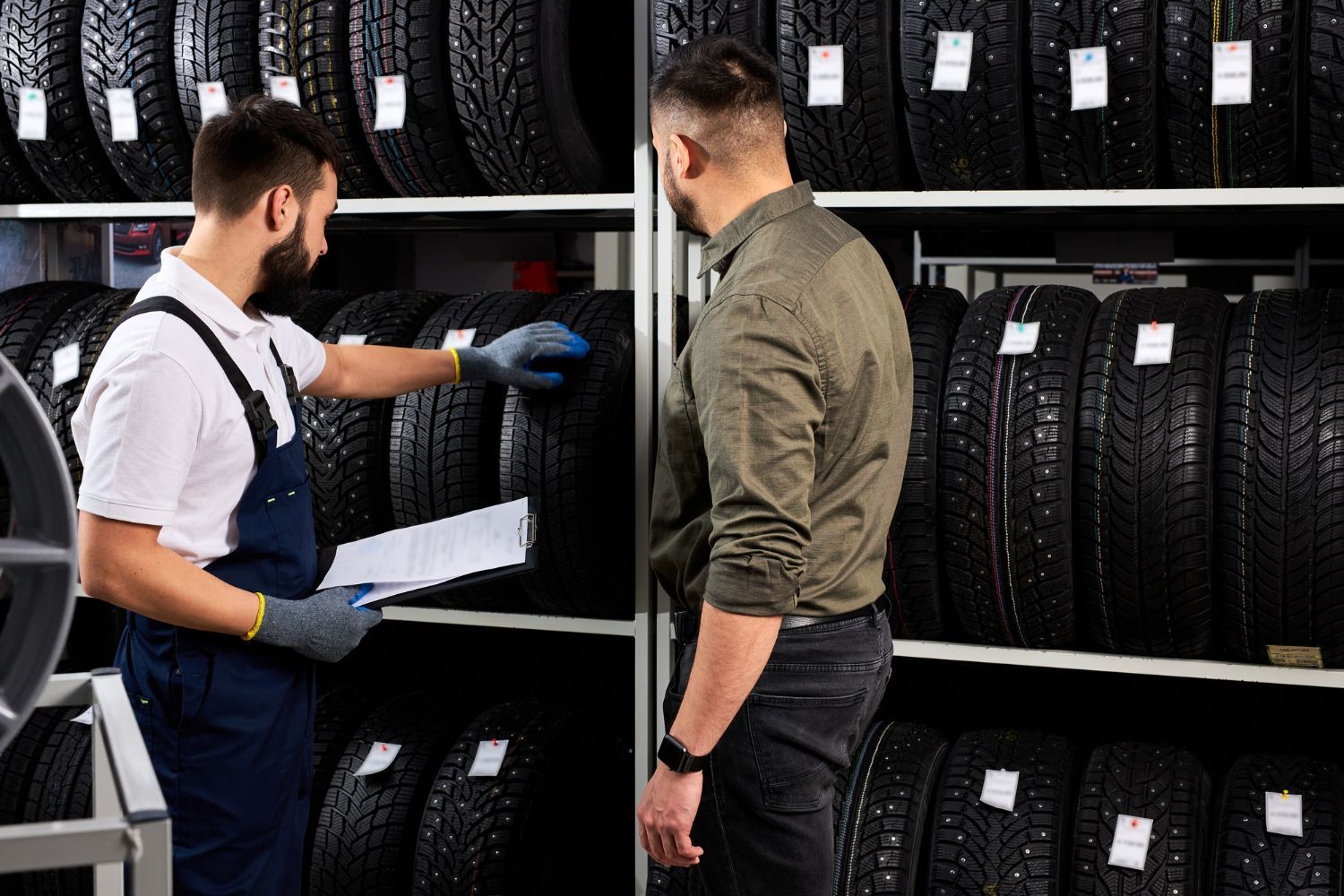 Two workers inspect stacked tires on warehouse shelves, one holding a clipboard.