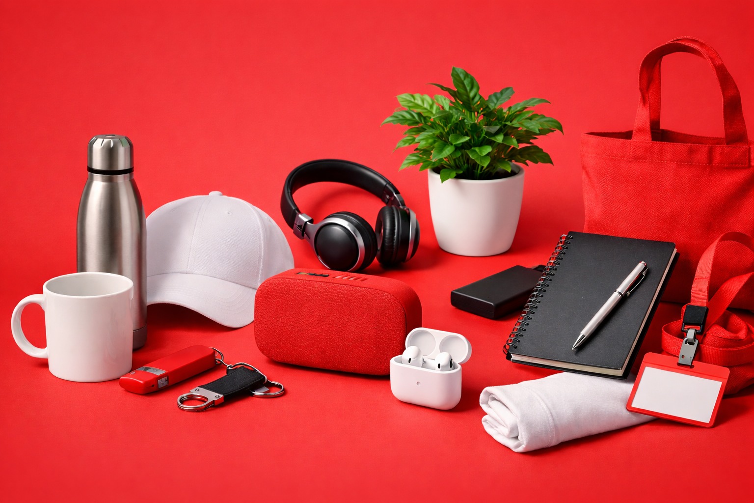 Articles promotionnels assortis comprenant une tasse, une bouteille d'eau, une casquette, des écouteurs, une plante, un carnet