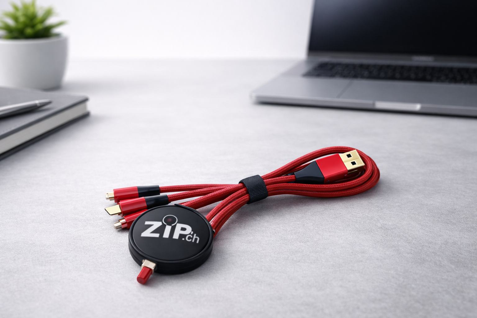 Un chargeur multi-câbles rouge orné du logo circulaire « ZIP.ch » est posé sur un bureau blanc à côté d'un ordinateur