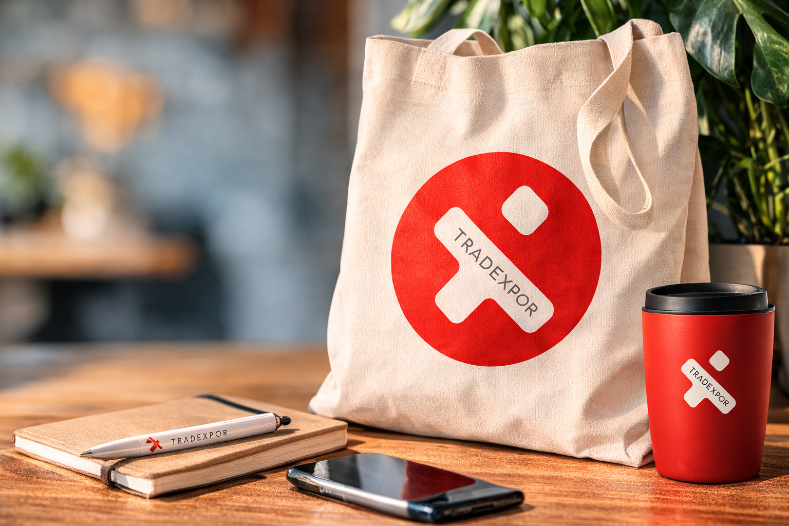 Articles de marque, notamment un sac fourre-tout, une tasse, un stylo et un smartphone, posés sur un bureau en bois