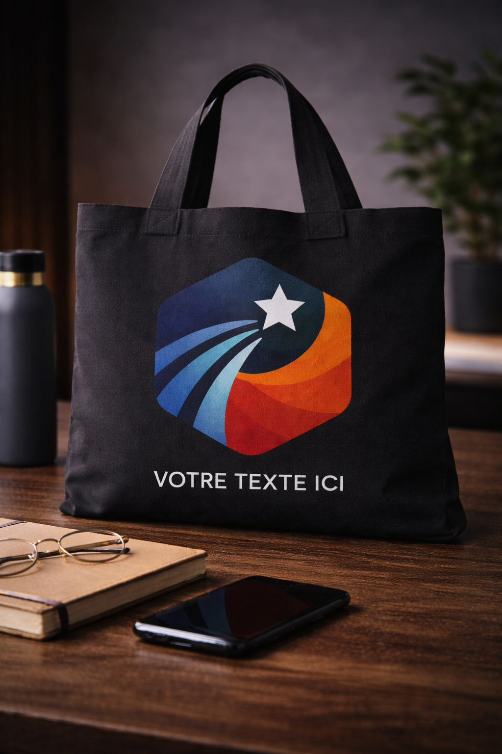 Sac fourre-tout en toile noire sur une table en bois, orné d'un logo en forme d'étoile hexagonale 