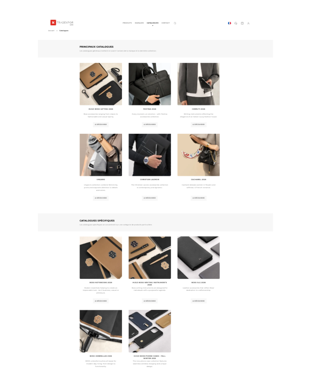 Page web de catalogue de produits pour une marque appelée « Fjord », présentant divers sacs en cuir