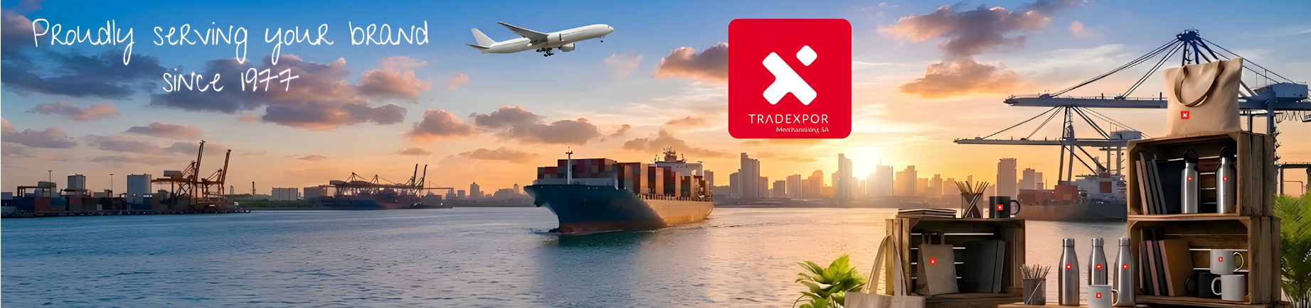 Une scène de coucher de soleil dans un port, avec un cargo, un avion au-dessus et le logo rouge de la marque « The Kratos » en haut au centre.