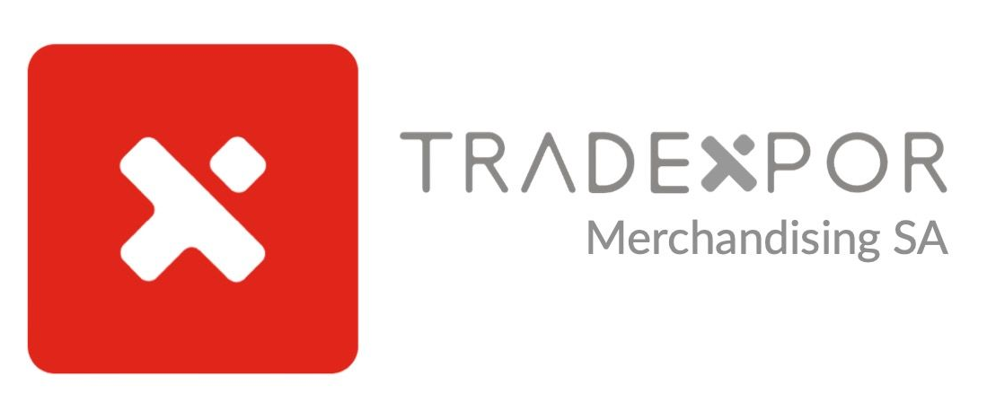 Le logo de Tradexpor Merchandising SA présente une icône « X » stylisée blanche à l'intérieur d'un carré rouge