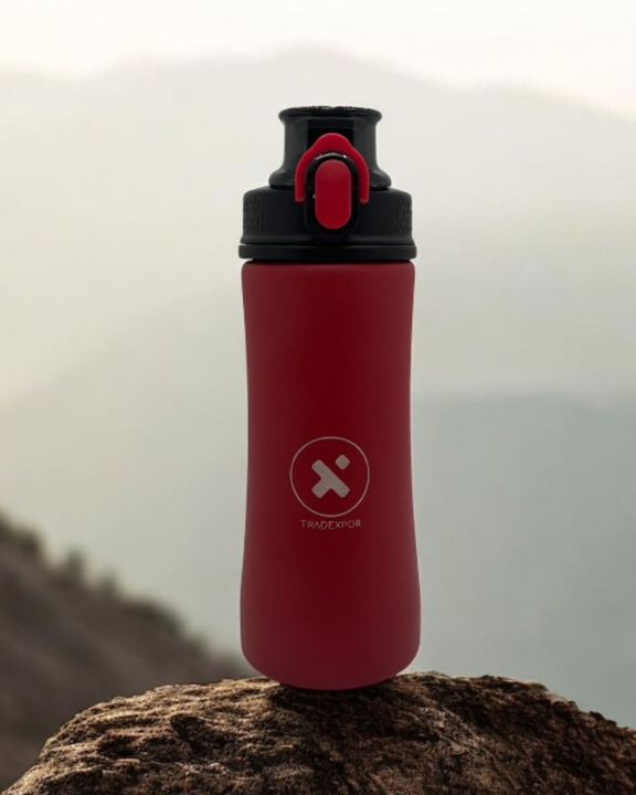 Une bouteille d'eau rouge avec un bouchon et un logo noirs, posée sur un rocher devant un arrière-plan montagneux flou.