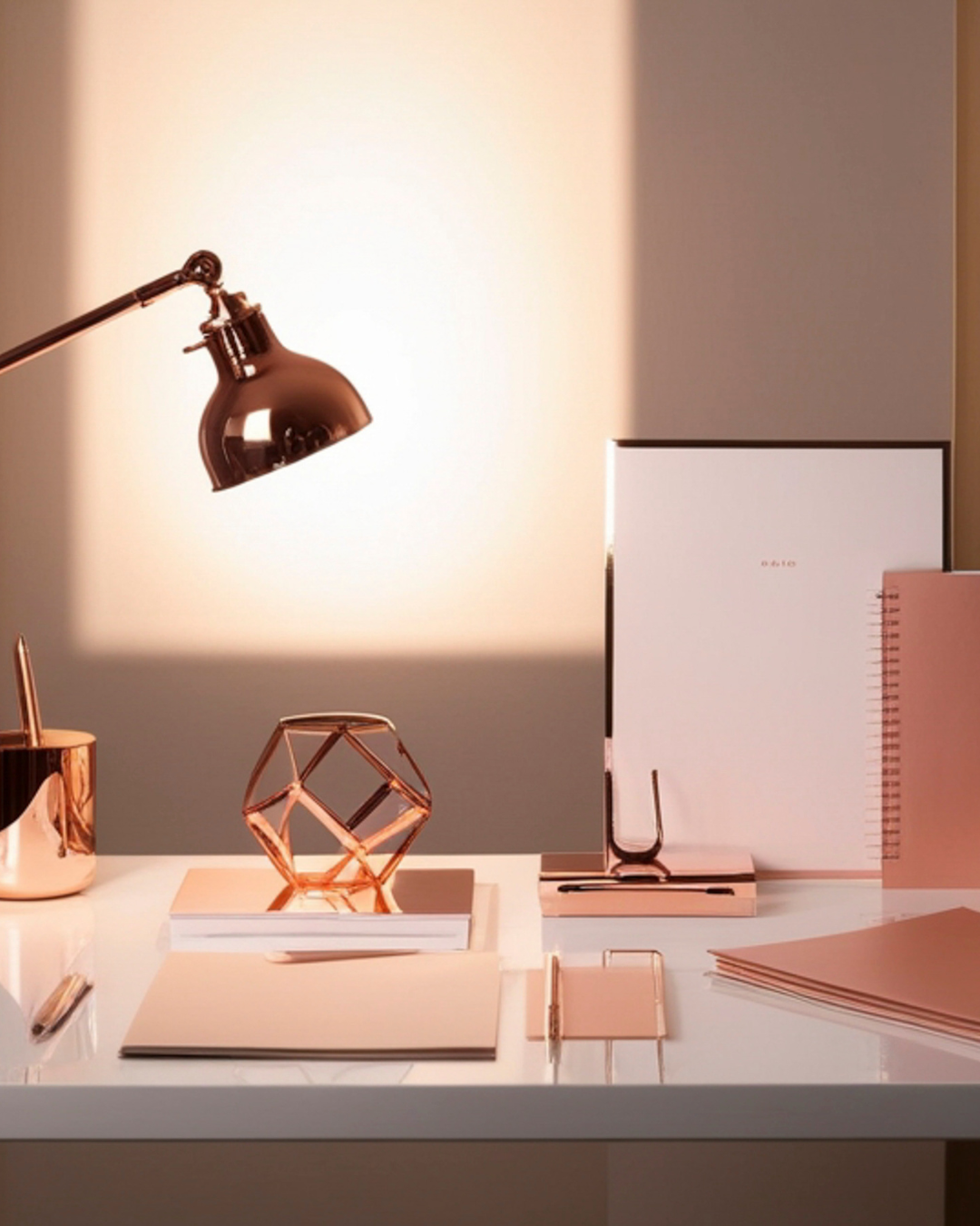 Un bureau aménagé avec de la papeterie or rose, un ornement géométrique métallique et une lampe sur une table blanche.