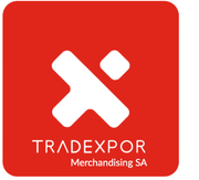 Le logo de Tradexpor Merchandising SA présente une icône « X » stylisée blanche sur un fond carré rouge.
