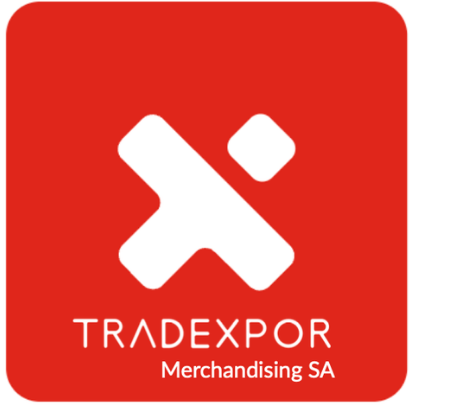 Le logo de Tradexpor Merchandising SA présente une icône « X » stylisée blanche sur un fond carré rouge.