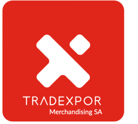 Le logo de Tradexpor Merchandising SA présente une icône « X » stylisée blanche sur un fond carré rouge.
