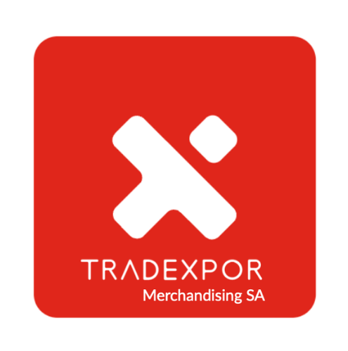 Un carré rouge contenant une icône « X » stylisée blanche au-dessus du texte « TRADEXPOR Merchandising SA ».