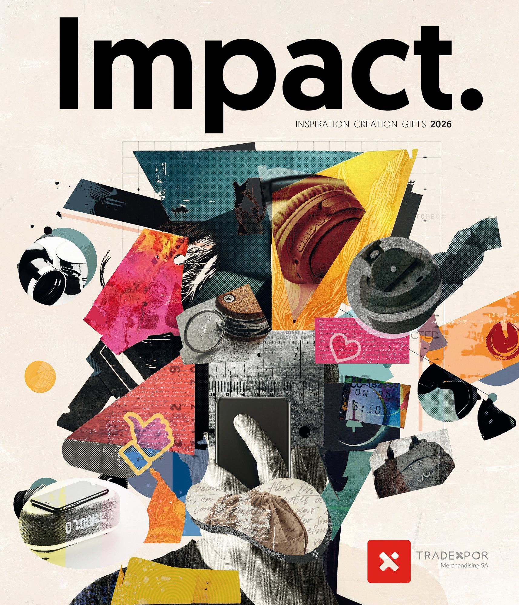 Un collage de formes abstraites, d'icônes technologiques et d'une main tenant un smartphone