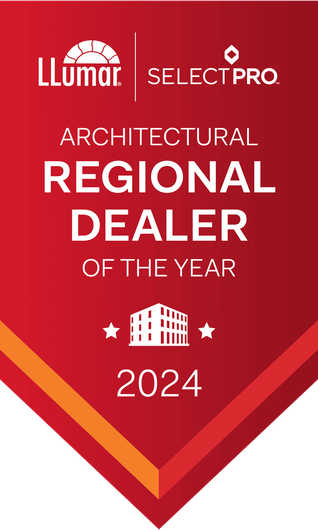 Red banner: Llumar Select Pro Architectural Regional Dealer of the Year 2024. Building graphic, stars, white text on red.