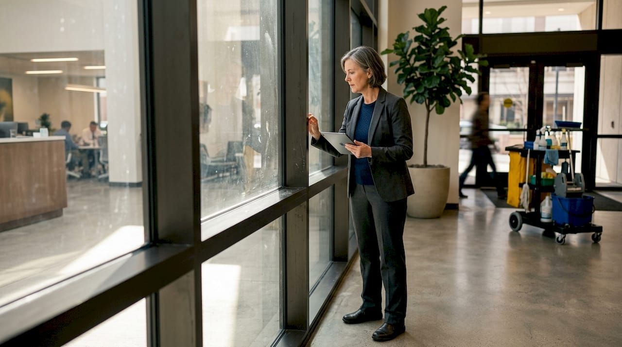 Commercial building windows with safety film.