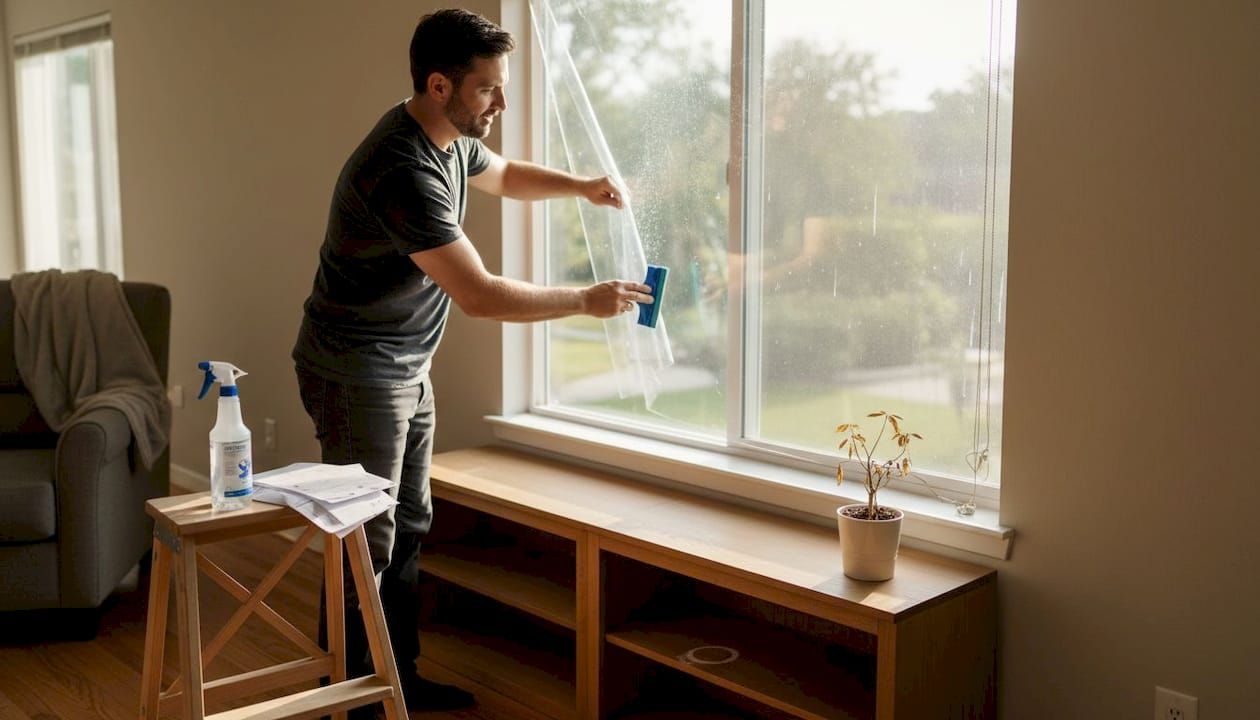 Office window with heat-reducing film