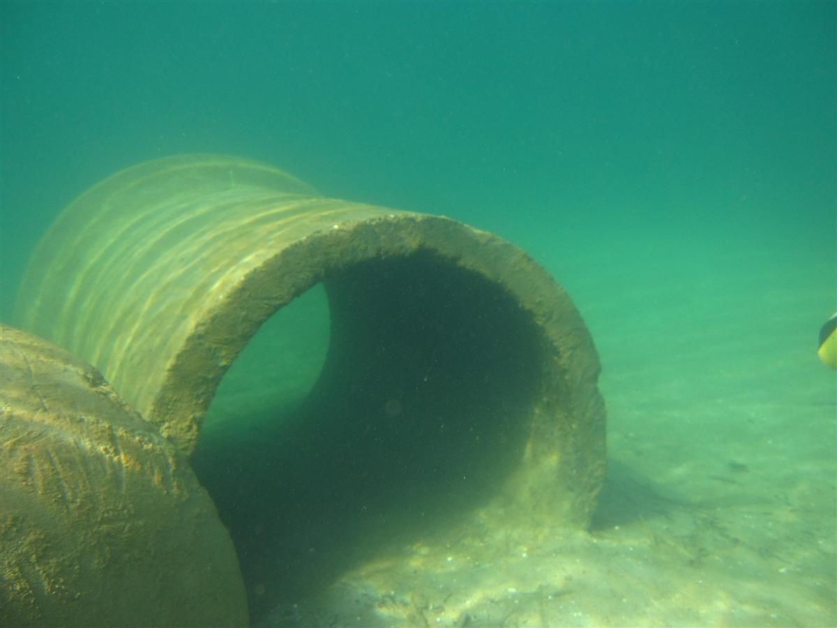 Een grote pijp bevindt zich onder water in de oceaan naast een vis.