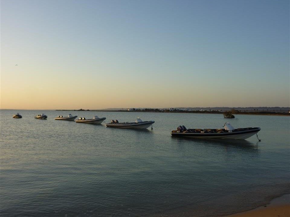 Een rij boten ligt aangemeerd in het water vlakbij een strand