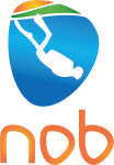 Een logo voor een bedrijf genaamd nob met een persoon die door de lucht vliegt.