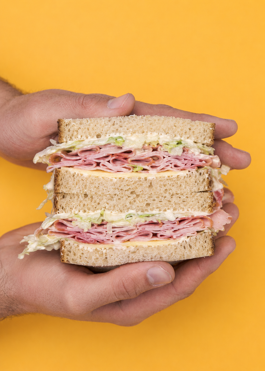 Hands hold the Alessandro sandwich on a mustard yellow background 