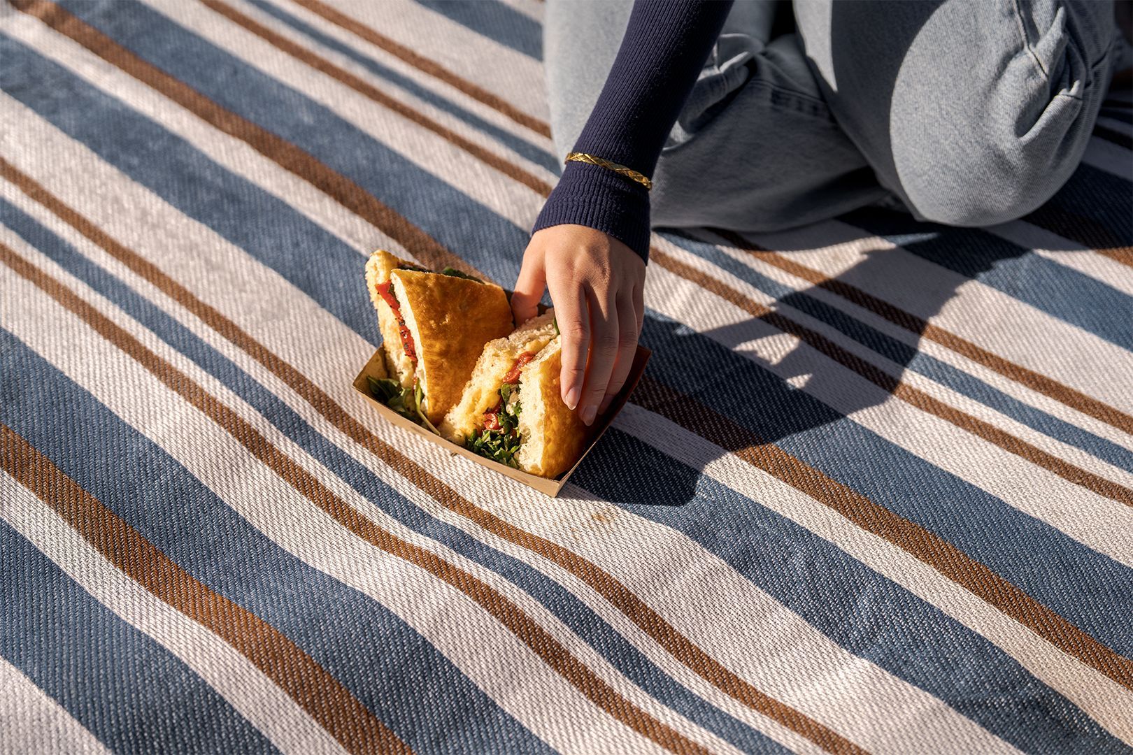 Hand grabbing a sandwich on a blue and brown striped picnic rug 