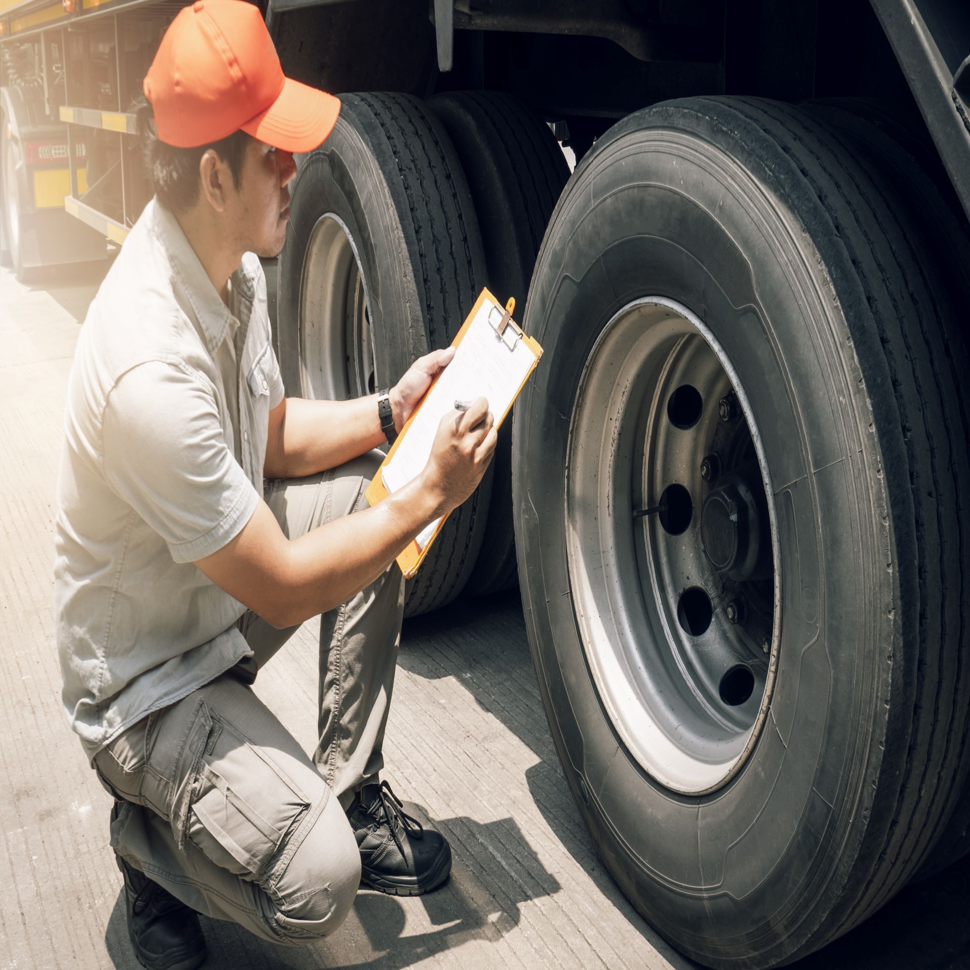 A mobile mechanic is kneeling down in front of a truck and writing on a clipboard.