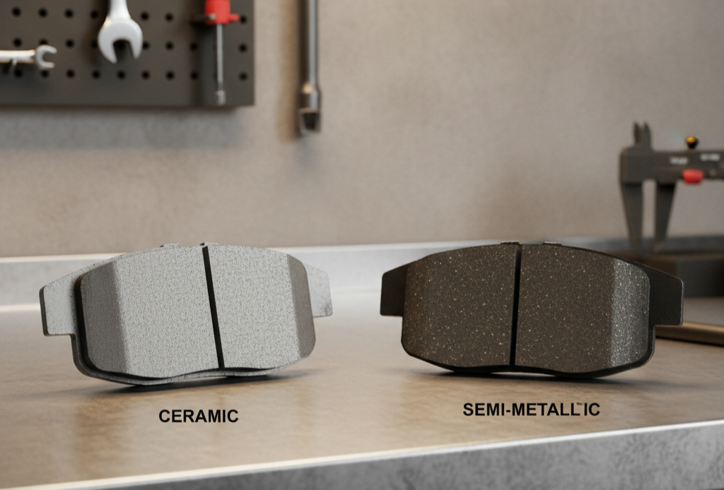 Close-up of ceramic and semi-metallic car brake pads