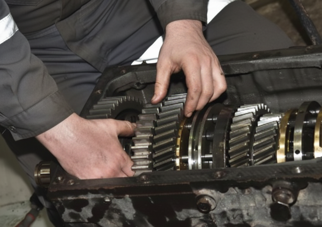 Mechanic repairing internal gears of a broken car transmission.