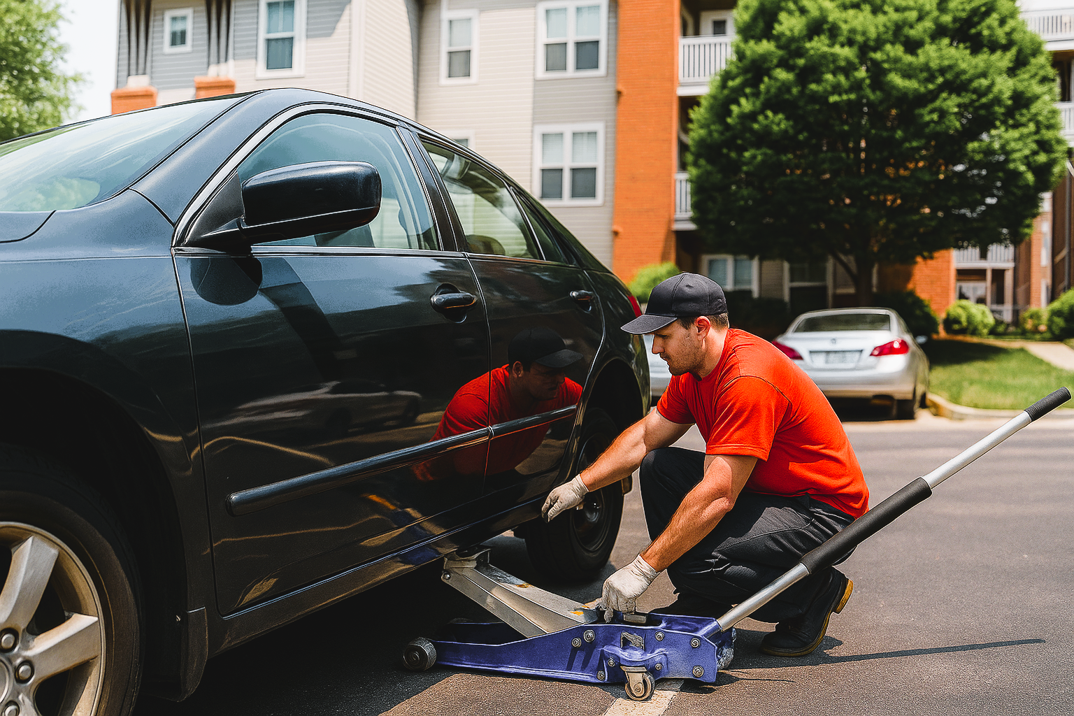 Technician performing mobile brake service with red jack stands and service van nearby.
