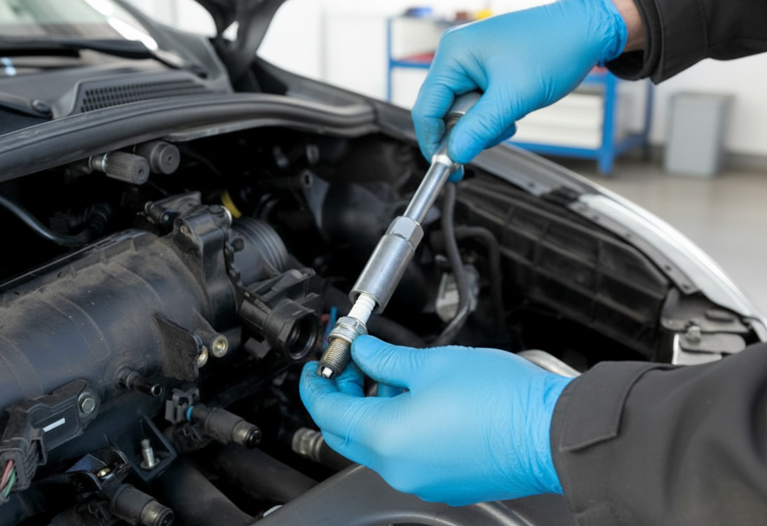 Close-up of a new or removed spark plug being inspected over a car engine