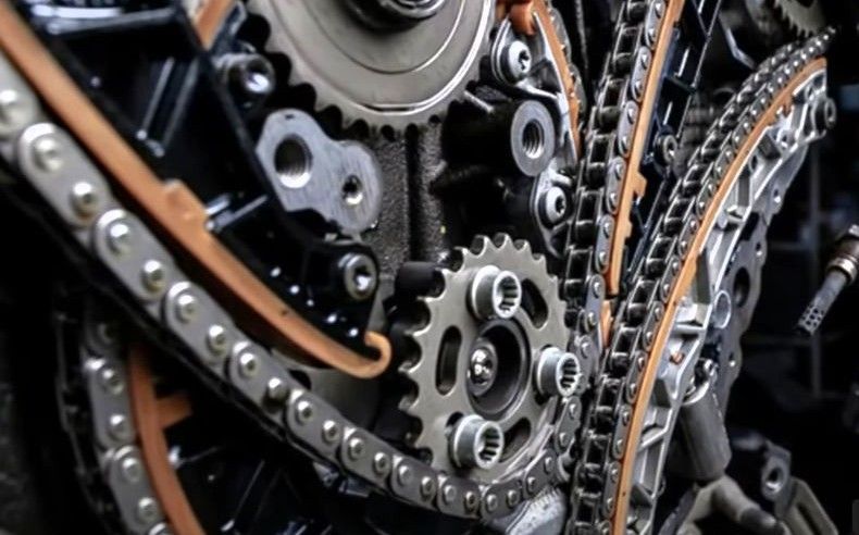 Close-up view of an engine timing chain and gears showing components and wear points